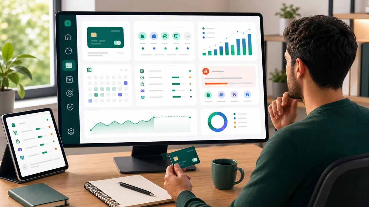 Pessoa controlando parcelas do cartão de crédito em um painel financeiro digital