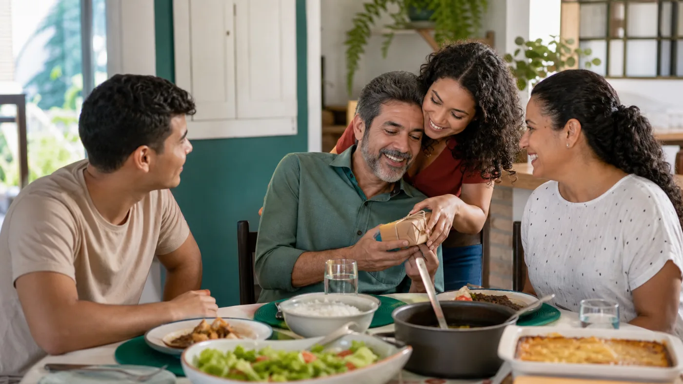 Família comemorando o Dia dos Pais com almoço simples preparado em casa