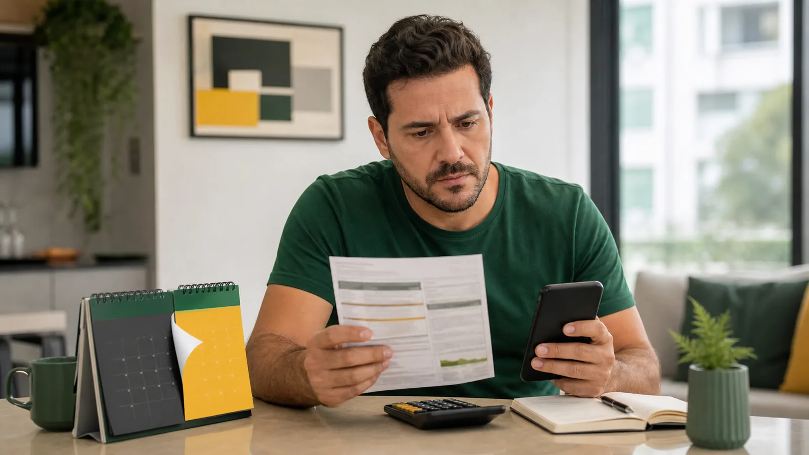 Pessoa conferindo a conta de energia e calculando o impacto da bandeira amarela em setembro de 2026