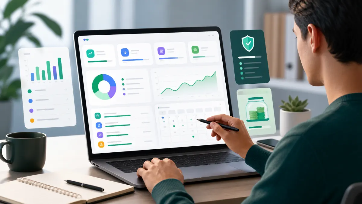 Pessoa organizando o controle financeiro pessoal em um painel simples com receitas, despesas e categorias