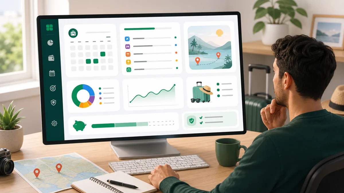 Pessoa planejando gastos das férias de julho em um painel financeiro digital