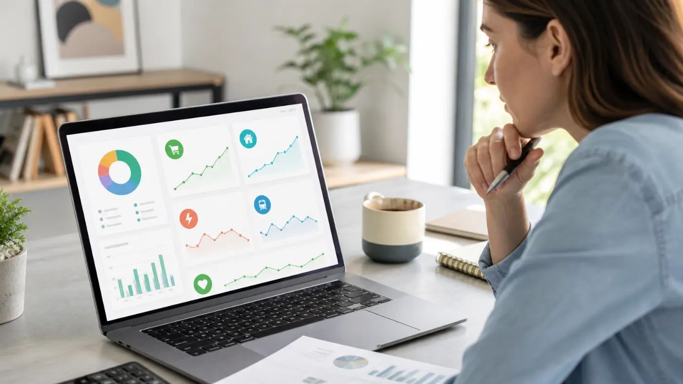 Painel financeiro com categorias de mercado, moradia, transporte e saúde