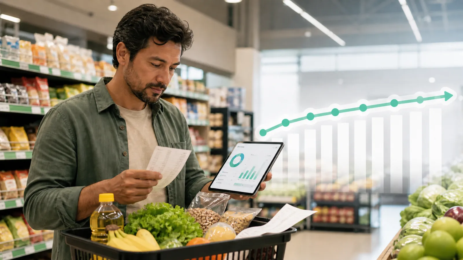 Pessoa comparando preços do supermercado com o orçamento enquanto a inflação desacelera