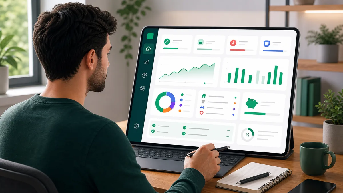 Pessoa organizando finanças pessoais em um painel digital com categorias e gráficos simples