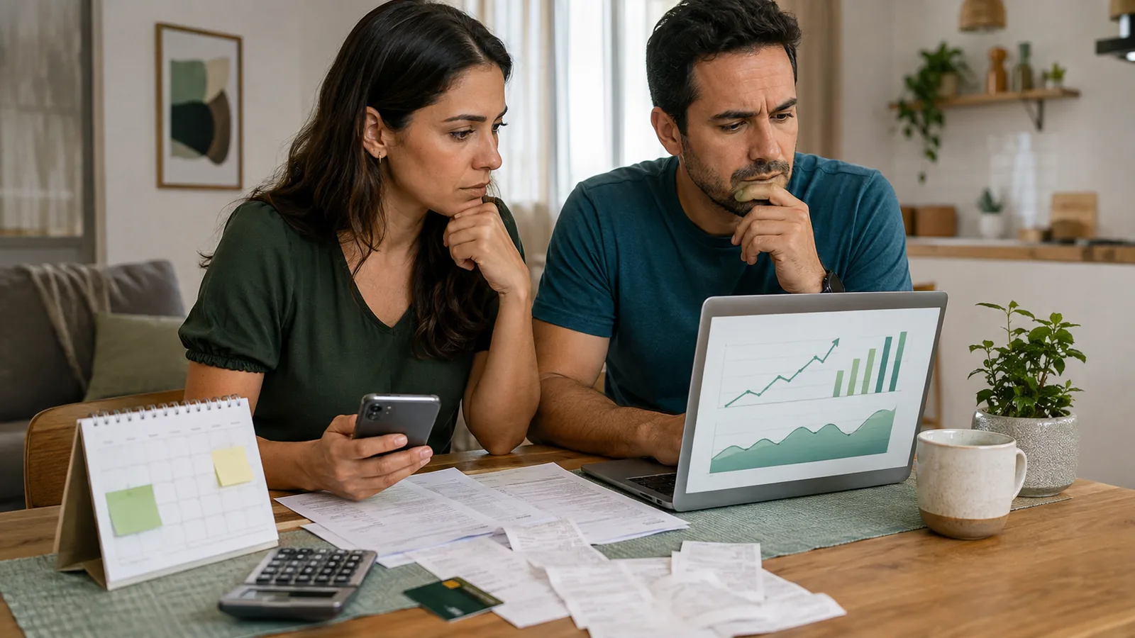 Família revisando despesas do mês enquanto compara notícias sobre PIB e queda do consumo