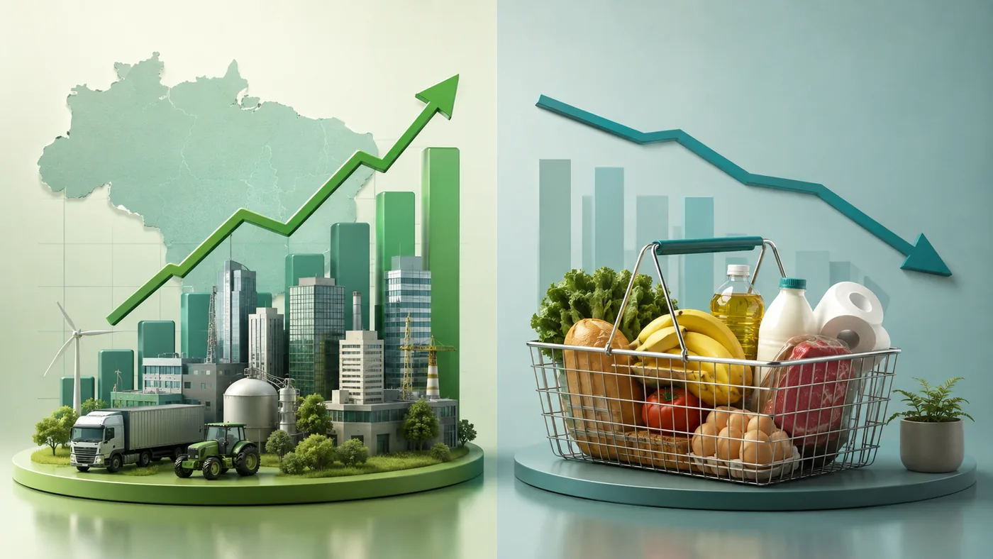Ilustração mostrando PIB crescendo enquanto consumo das famílias recua no trimestre