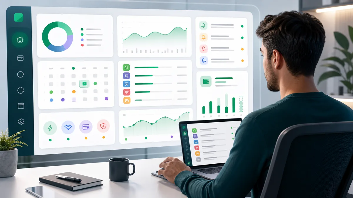 Pessoa acompanhando contas recorrentes e assinaturas em um painel financeiro digital
