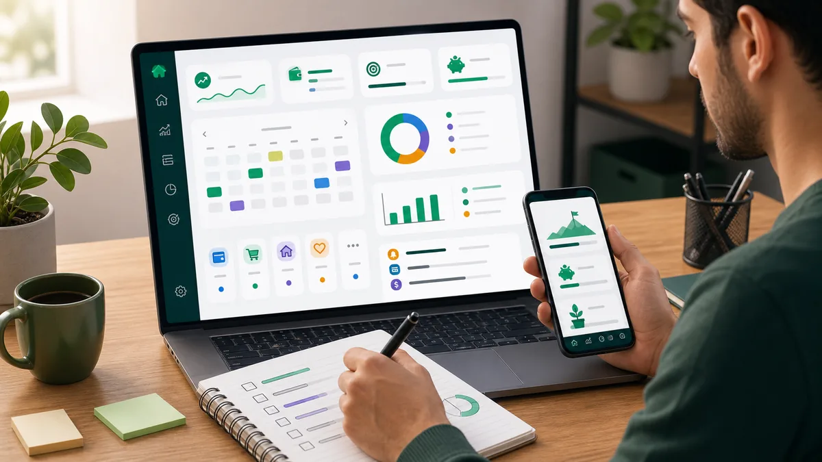 Pessoa planejando o mês financeiro em notebook e celular com calendário, metas e categorias